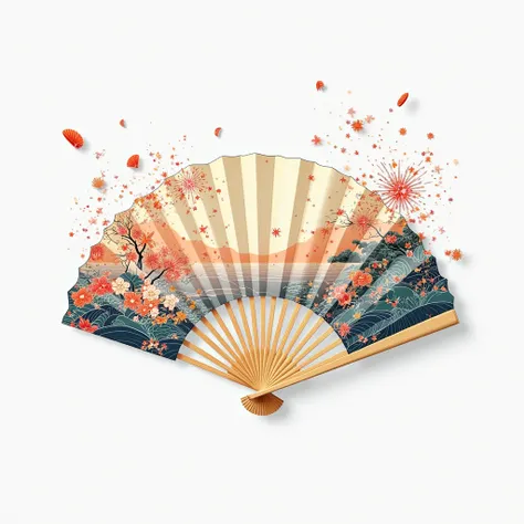 Japanese fan,Sensu design:1.6,A motif design that feels like summer,White background:1.8,Modern,Fireworks,sea,fish,Seashells,graphicdesign