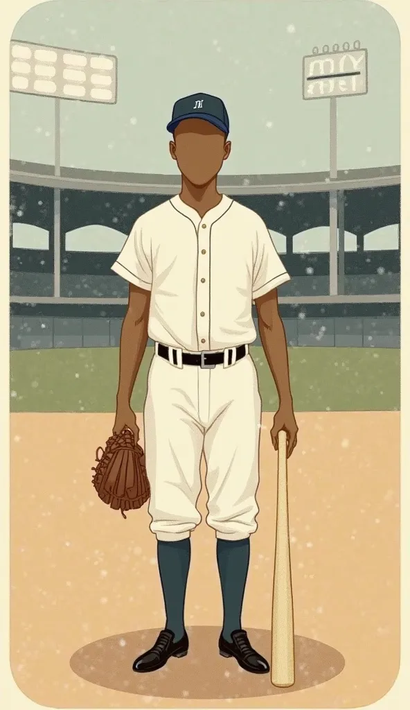 The baseball card is drawn in an ultra-minimal, 1920s hand-drawn style with flat colors and no intricate details. The edges are rounded, smooth, and clean, making the card look brand new. The illustration is extremely simple, using only basic shapes and so...