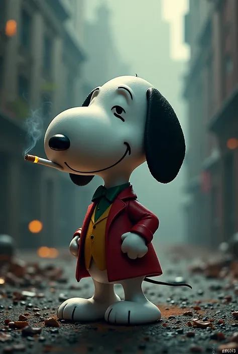 Snoopy mechant, style joker, avec une cigarette a la bouche