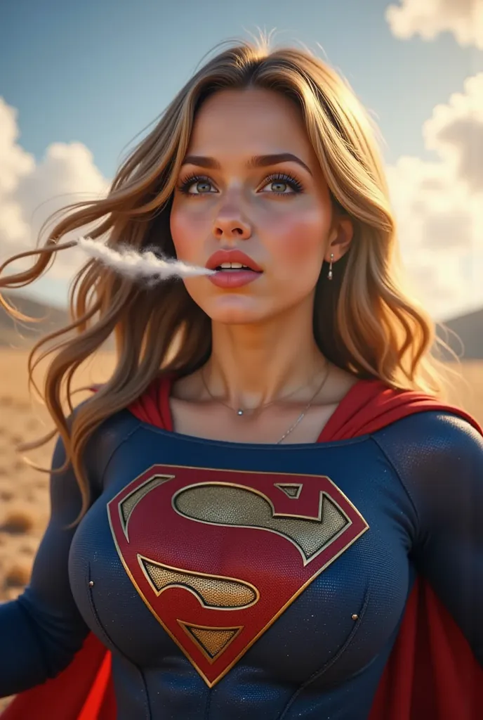 SUPERGIRL DEPICTED INHALING A LARGE AMOUNT OF AIR FILLING HER LUNGS TO CAPACITY AND THEN EXHALING A HUGE STREAM OF GALE STRENGTH WINDS FROM HER MOUTH AND LIPS. Rendered in 8K ultra-high resolution with ray-traced lighting, every detail is captured