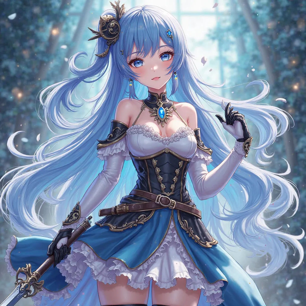 Please create an illustration based on the following characteristics。
・AI anime-style illustration
・Delicately depicted beautiful girl characters
・Design incorporating fantasy elements
・Dress incorporating gorgeous frills
・Western armor on the chest
・A swo...