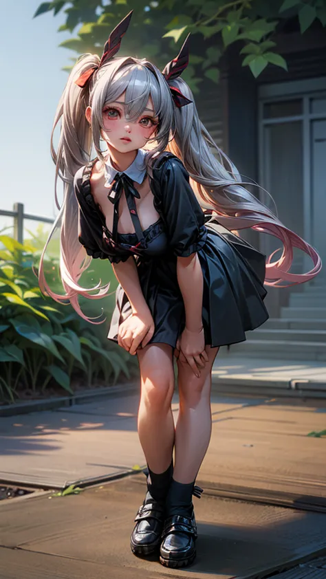 1 girl crouching, chest, long hair, looks at one woman, red eyes, とてもlong hair, twin tails, Ribbon Hair Accessory, masterpiece, long hair, Gray Hair,  maple, bangs between eyes, とてもlong hair, shiny hair,  natural perm, , 大きなchest,  Take a Closer Look, tsun...