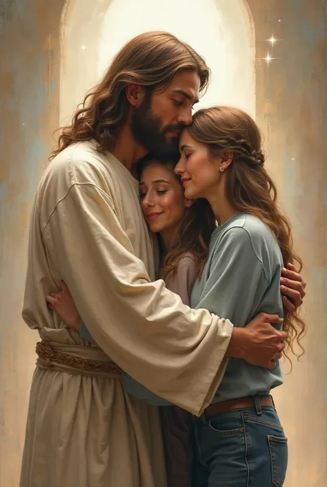 Jesus embracing a young man and a young woman who are wearing sweatshirts and jeans 