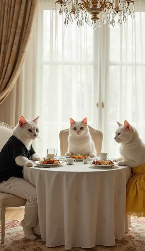 The image shows three white cats sitting at a round white table in a luxurious dining room. The table is set with plates of food, cups, and saucers. The cat on the left is wearing a black t-shirt and white pants, while the cat in the middle is sitting on a...