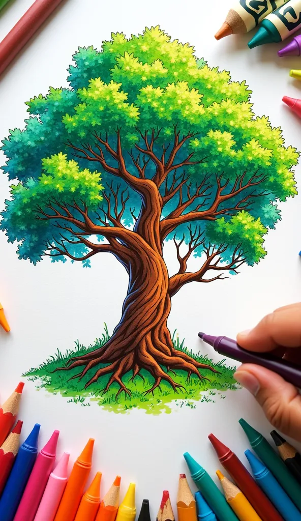 coloring page of a tree, put on white background with colors crayon a side, camera veiew from above, closeup, with s hand,