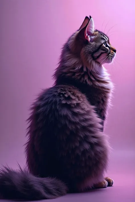 I would like to use this image of a tabby cat crosses Maincoon to create a wallpaper showing the shape of the cat. I want all this to be in violet tones. only that it looks from the back and that it is realistic