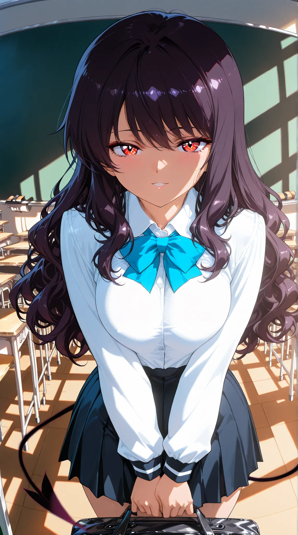 A beautiful and seductive female student, solo, (incredible high resolution, masterpiece, top quality, highly detailed, CG, high quality anime drawing), (school uniform, wavy hair, holding school bag), (classroom, introducing herself in front of the classr...