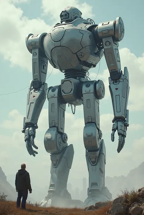 A whole size robot from the sky pointing down his finger