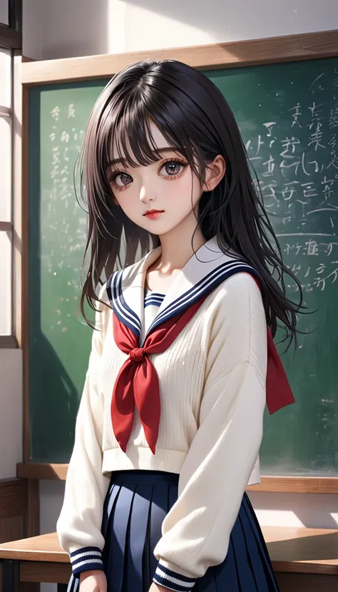 Super Detail、8k、Super Detailなイラスト、Sharp Shadows、Best Quality、Super Detailな顔、 Pottery Skin 、wet hair、Super Detailな目、Super Detailな唇、white skin with dark tan marks、introducing herself by her teacher in front of a blackboard、 Waiting Posture 、girl with big puf...