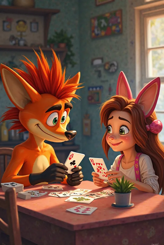 Crash bandicoot qui joue aux cartes avec sa soeur