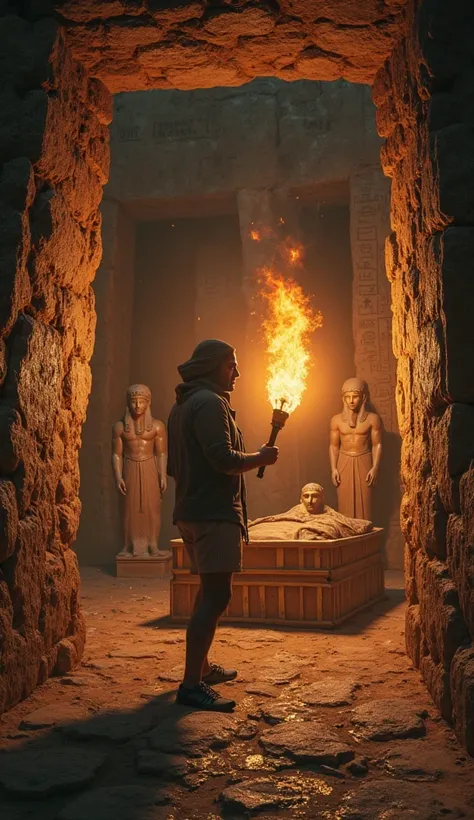 Inside a newly opened tomb, the character holds a fiery torch that illuminates hieroglyphics on the walls, statues of gods and a sealed sarcophagus.  The environment is dark , moist and dusty, with flickering light creating sinister shadows