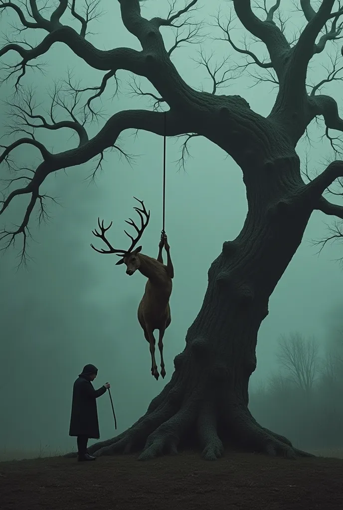 Tree using a rope to hang deer