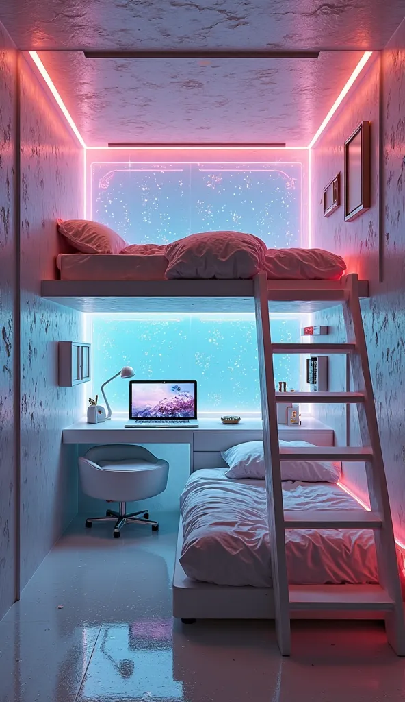 Create a highly detailed and visually stunning mini room with a loft bed, incorporating a unique and artistic theme. The room should be compact yet stylish, featuring an elevated loft bed with a sleek, modern ladder or floating stairs. Beneath the loft bed...