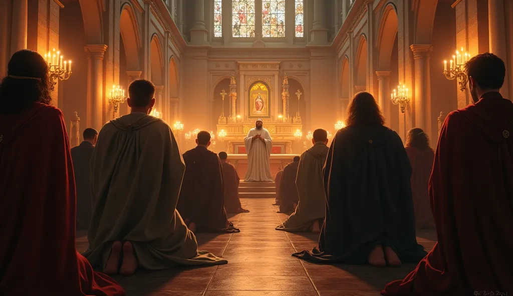 Christians in prayer — A group of faithful gathered in a church, kneeling and praying, in an environment illuminated by candles, symbolizing the beginning of Lent.