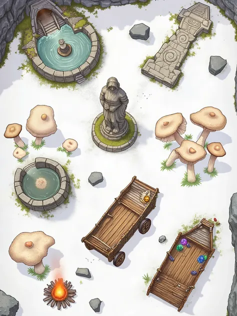 Hand-drawn top-down view image featuring a pack of six distinct fantasy assets arranged with ample spacing on a plain white background, perfect for Dungeondraft. Include:

Mystical Fountain – A carved stone fountain with a circular basin filled with gently...