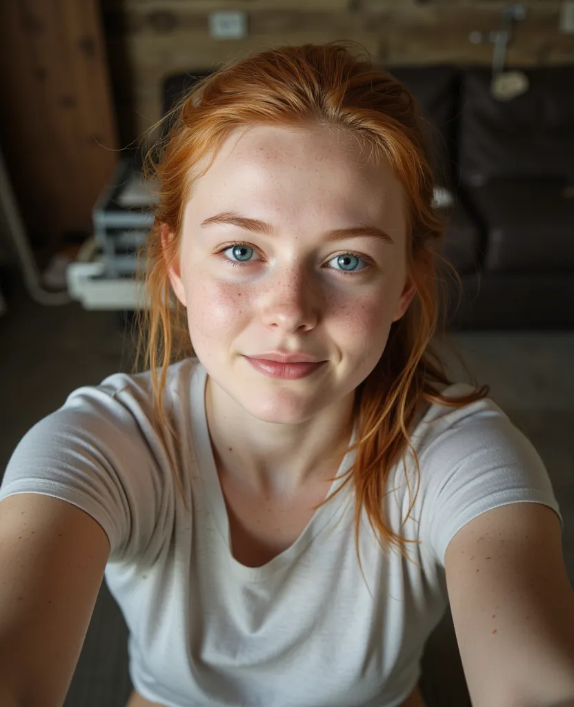 Selfie from above , full body shot, The observer sees her butt.  The focus is on the butt , {sixteen-year-old girl, From Ireland, (chubby:0.68), (sky blue eyes),  messy , soaked, reddish blonde hair, hordtail, candid pose, Head tilt downwards. Very cute li...