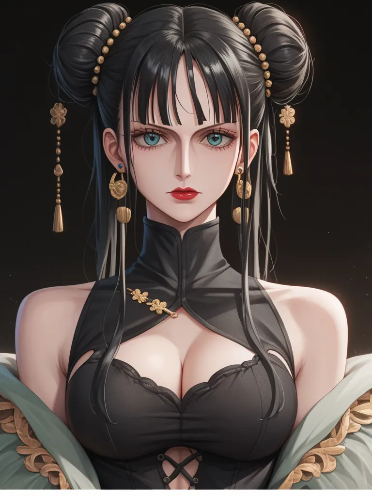 (Masterpiece, 8k quality, extremely detailed), nico robin, large mature breast, 1girl, black_hair, hair_buns, elaborate_hair_ornaments, black_chinese_dress, gold_details, high_collar, gothic_style, pale_skin, dark_red_lipstick, earrings, brown_eyes, seriou...