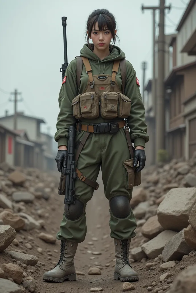 photorealistic、Film-like expression、Realistic skin textures、A beautiful Japanese woman belonging to the American military is standing、aiming with a gun、standing position、standing on rubble、Detailed Description、Action poses with movement、Image from below、Di...