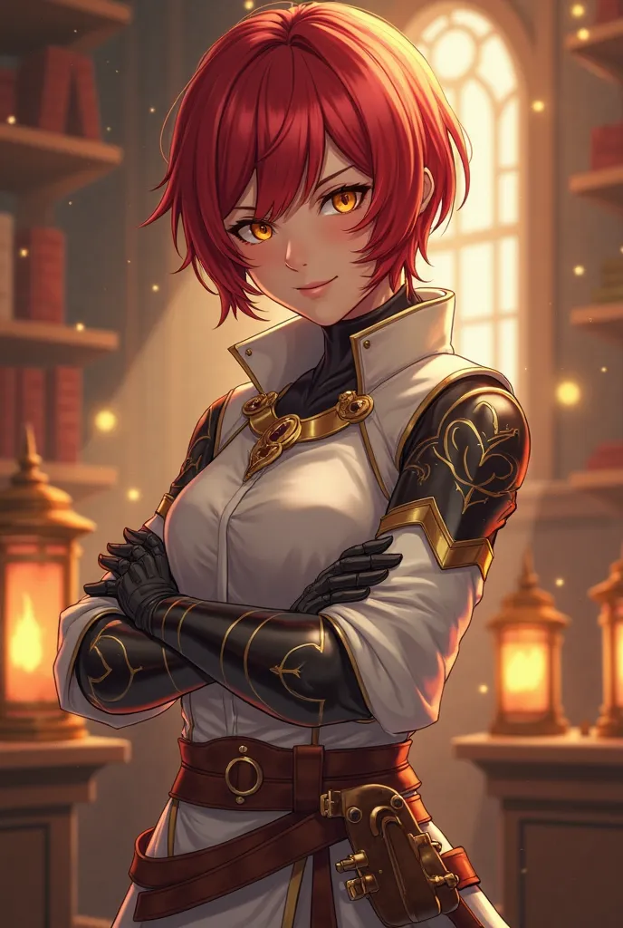 4K anime style quality, digital drawing mode, a fierce and disciplined adventurer with short, red hair, sharp golden eyes filled with determination, wearing her white outfit with armored gloves, standing in Hostess of Fertility tavern, the warm glow of lan...