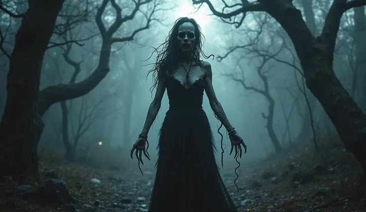 A terrifying woman stands alone in the dark, misty forest. Her pale, cracked skin stretches over her sharp bones, and her long, tattered black dress sways in the cold wind. Instead of eyes, writhing snakes emerge from her empty sockets, hissing and twistin...