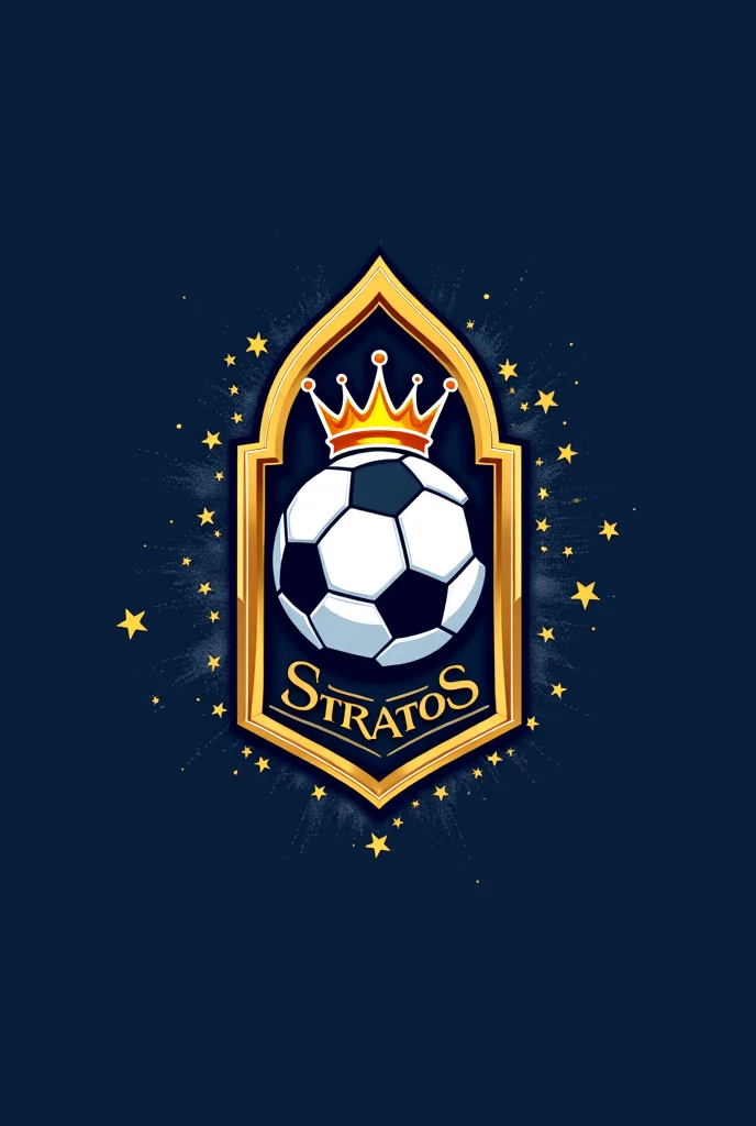 Create the logo of a soccer team in the shape of a tomb and as its main subject it has a ball with a crown on it with stars around it, The name of the team is Stratos