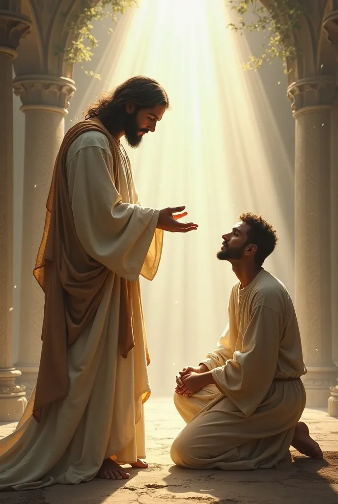 Jesus speaking to him whispering in a man's ear 