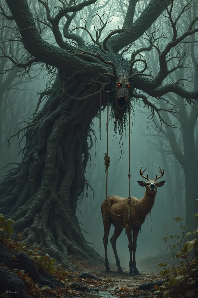 Evil tree using hands and rope to hang deer 