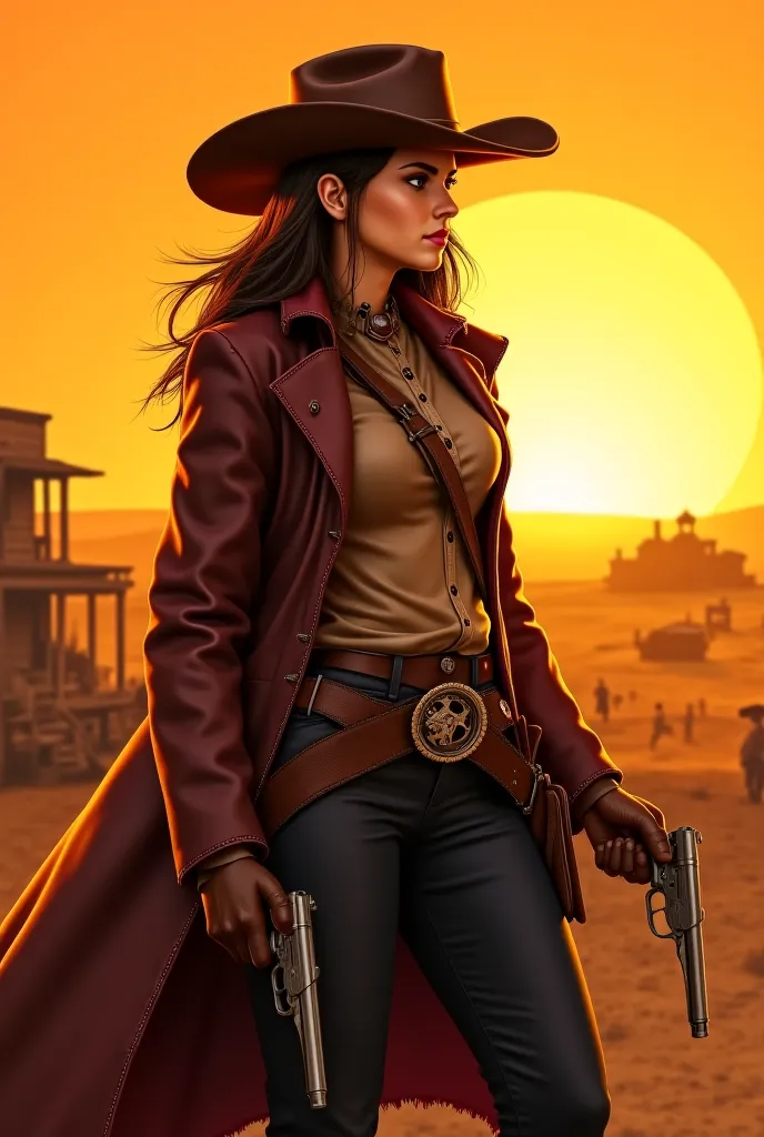 A gunslinger in the Wild West with a frayed leather hat and a long flowing coat. She wears a tight shirt with a vest and a belt full of ammunition. With a revolver in his hand, she faces the horizon in an orange sunset, with a determined eye and a small we...