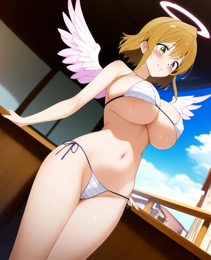 ((Super Detail、high quality、masterpiece))、一対の大きな天使の翼が生えている巨乳爆乳Feminization美少女(A Pair Of Big Pink Angel Wings Growing、Feminization、huge breasts that are just breaking、Gender Bender)、 thighs、miniskirt、 Revealing Panties (スーパーminiskirt)、めくれ上がるスーパーminiskirt、No...