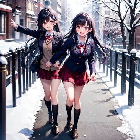 A long-haired high school girl with blackish blue hair and purple eyes, wearing a sailor uniform with a navy blazer, red skirt, and a red ribbon, is walking to school on a snowy morning. She has a joyful smile on her face as the snowflakes gently fall arou...