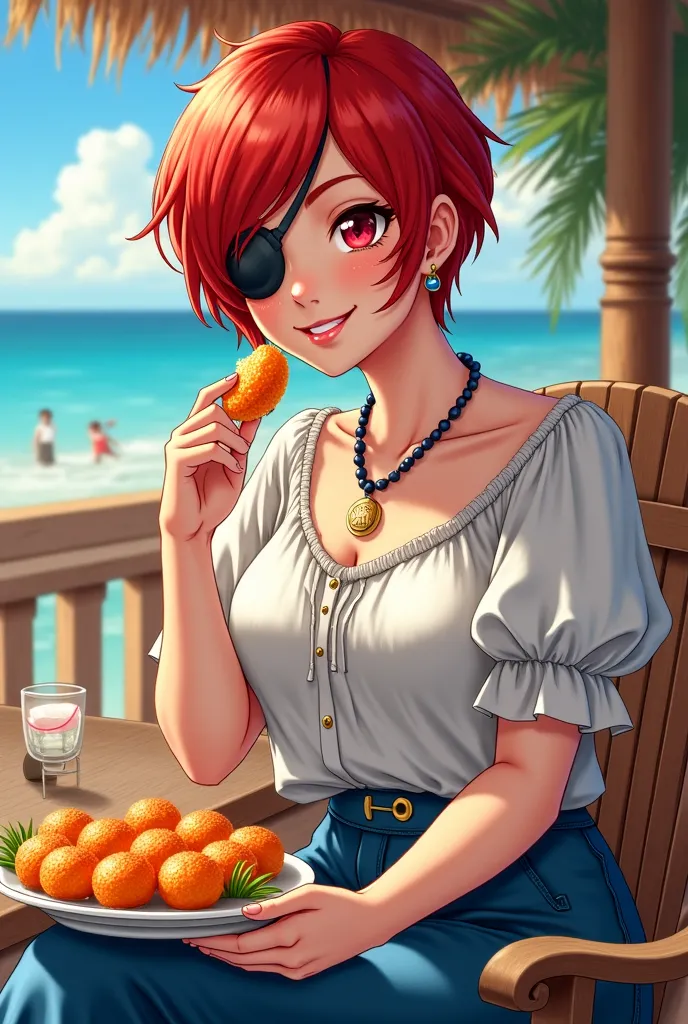 Cassandra, short red hair, eyepatch, pants, blue boots, very short curly red hair, ,blue knee boots,, smile, detailed clothes, frilly white oversized blouse dress, happily eating takoyaki, detailed scenery, sitting at a tropical beach resort, seashell neck...