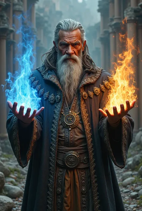 an old European guy black skin deadrock hairstyle holding blue fire on right hand and golden fire on left hand And wearinh hermit uniform and muscular