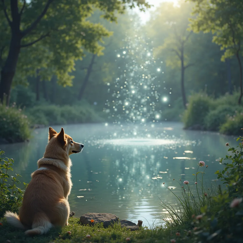 Photo of a dog, what floats in the pond.