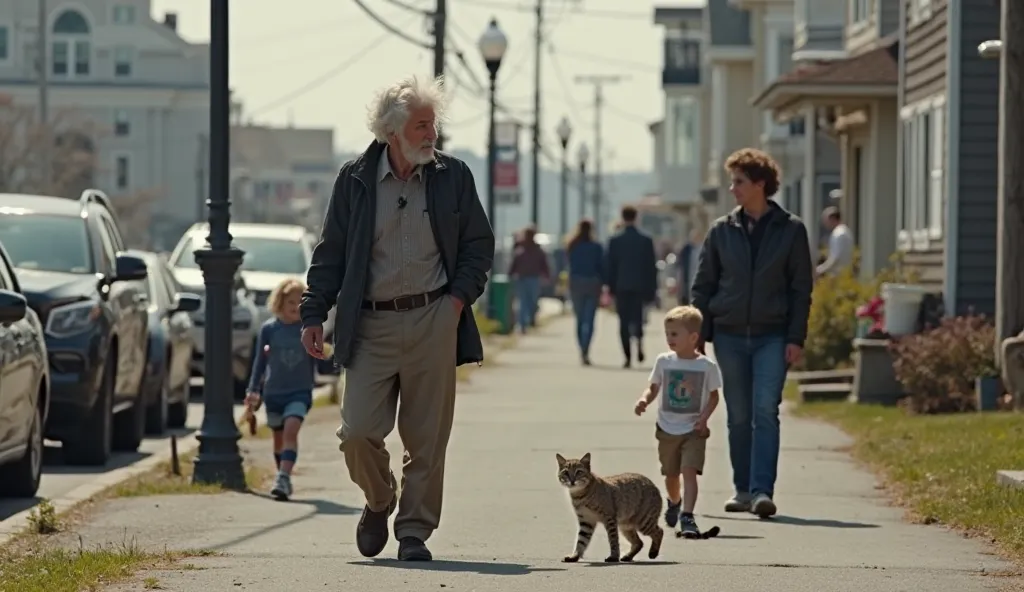 Camera Shot Type: Medium shot
Character Details: The elderly man with his consistent weathered face and unruly silver hair; his posture shows a subtle tension.
Scene Setting: A busy city sidewalk along Hyannis Harbor, where a concerned mother pulls her you...