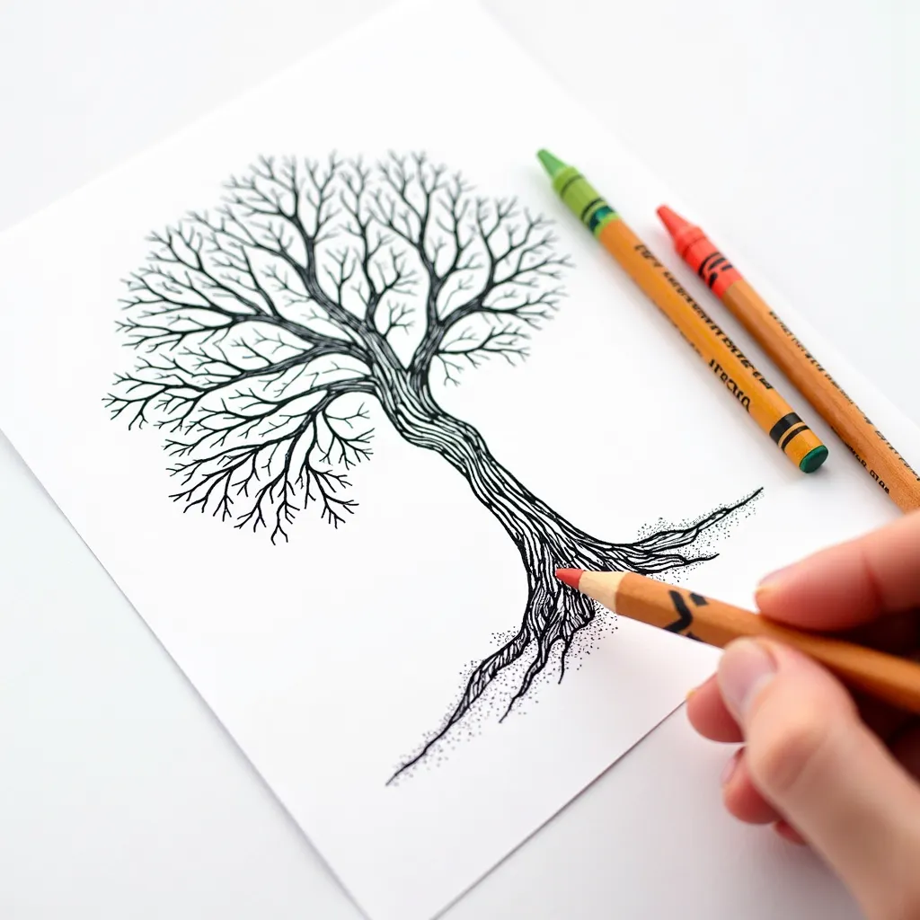 coloring page of a tree, line art, put on white background with wodden colors crayon a side, camera veiew from above, closeup, with s hand,