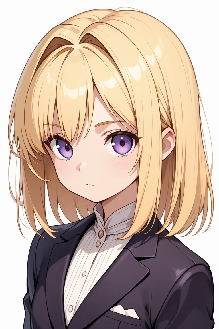 ((((only one boy)))), blond medium hair,((center part)),break ((hair intakes)), masterpiece, flat breasts, highest quality, Anime style, tall stature, white background, Victorian, business suit, young boy, fuchsia purple eyes, ((straight hair)), looking at...