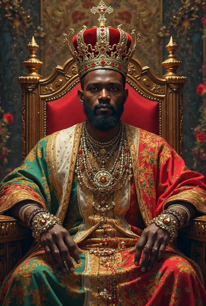 An image of a black man with a crown on his head sitting on a throne dressed in the culture of Angola. Considering him as the king of Angola 