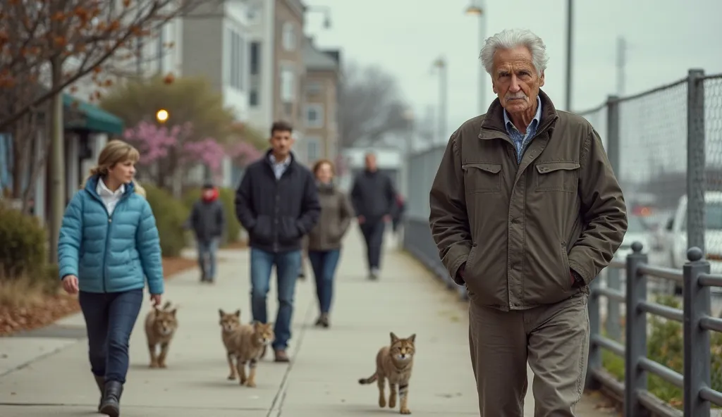 Camera Shot Type: Medium shot
Character Details: The elderly man with his consistent weathered face and unruly silver hair; his posture shows a subtle tension.
Scene Setting: A busy city sidewalk along Hyannis Harbor, where a concerned mother pulls her you...