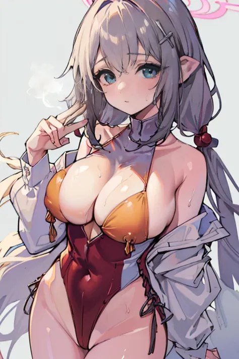 (( top quality )), ((masterpiece)), ( Details),  1girl ,  sexy,  Angela Balzac, diva suit, long hair, blue eyes, leotard, blond with a big face, twin tails, Big Breasts,  long breasts, SWEATY BODY, steam from the body, tears, ( Expressions of disgust ,  sq...