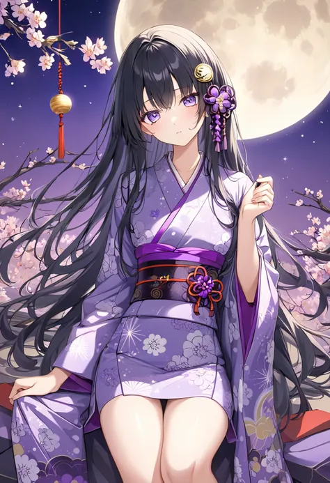 neutral、purple retro modern kimono、Moon pattern on kimono、moon ornaments、 black hair、long hair、 hair down、 moon hair ornament、downer、 small tits、Full moon in the background