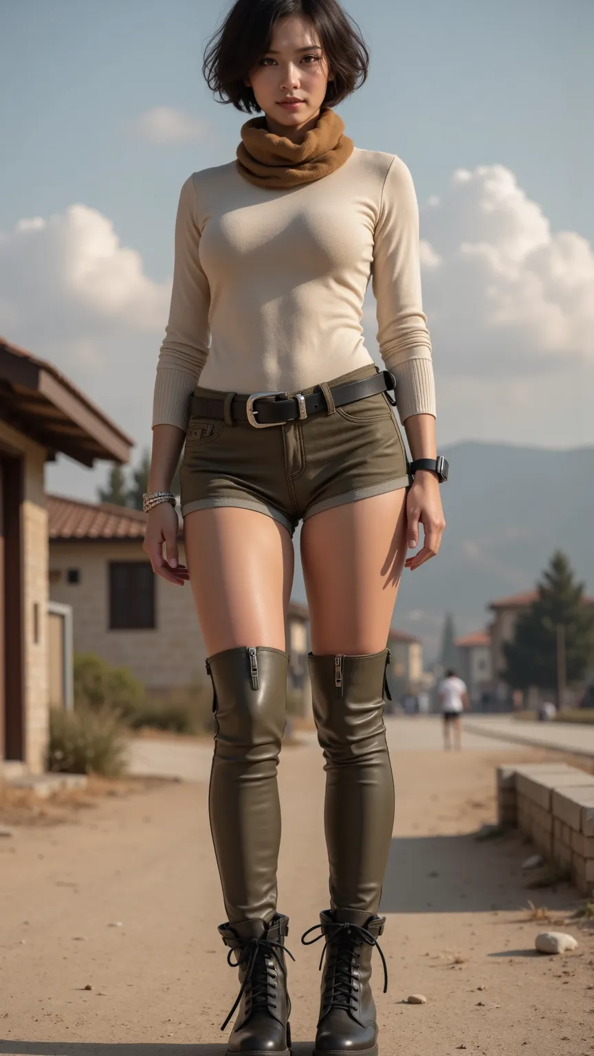 Beautiful giant French young woman，A bird that is 3 meters tall 。vertical viewing angle，Short hair with small volume curls,( strong body:1.5) ,( actual tanned skin texture :1.5) ,Doomsday Gradient Battlegrounds ,  High Detailed Soldier Boots  , With zipper...