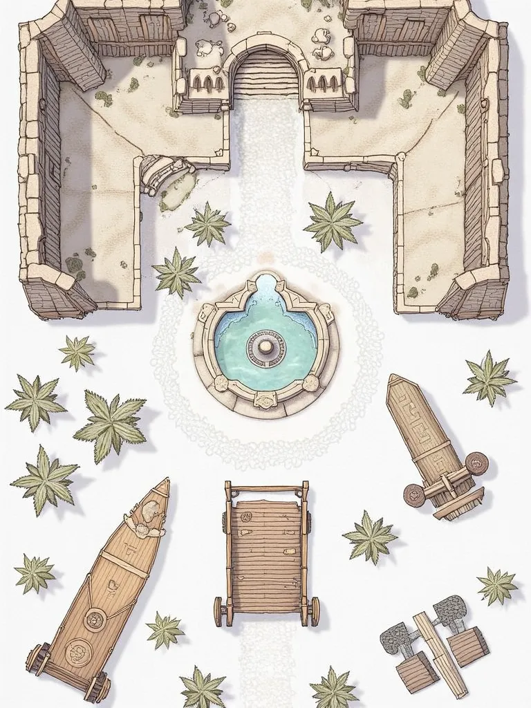 Hand-drawn top-down view image featuring a pack of eight fantasy desert-themed assets arranged with ample spacing on a plain white background, perfect for Dungeondraft. Include:

Sandstone Ruins – A crumbling structure of weathered sandstone with intricate...