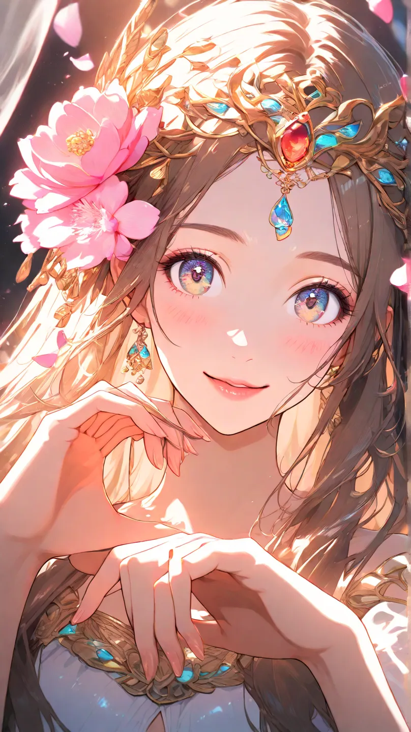 high quality　best image quality　Super Detail　high quality　4k 8k white dancer 　long brown hairstyle　  pink flower hair ornament  　 medium breasts　 　  smile face　supine　embarrassed face