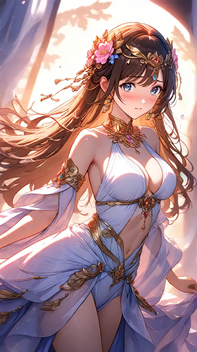 high quality　best image quality　Super Detail　high quality　4k 8k white dancer 　long brown hairstyle　  pink flower hair ornament  　 medium breasts　 　  smile face　supine　embarrassed face