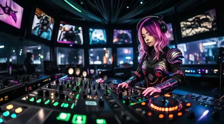 DJ acid music girl standing behind the decks. She's  armor futuristic. , cleavaje, decollete, , in a futuristic spatial context illuminated daylight. She has fluorescent markings on her hands and face that glow in the ultraviolet. Her multicolored hair als...