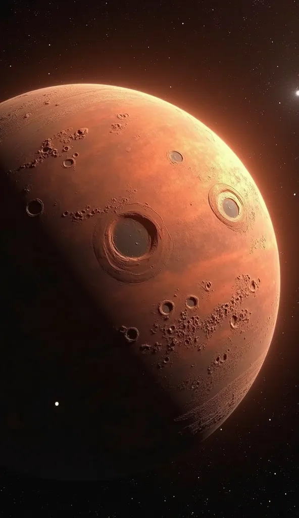 Vue spectaculaire de Mars depuis l’espace "Image ultra-réaliste de la planète Mars vue depuis l’espace, montrant sa surface rouge et ses calottes polaires, rendu NASA, lumière réaliste, fond spatial sombre.