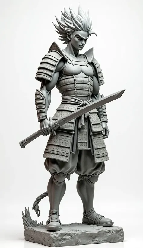 A detailed statue made of gray cement depicting a samurai warrior with anime-inspired features. The statue has a muscular design, traditional samurai armor with intricate details, and a long sword held in a guarding position. The figure has a serious and d...