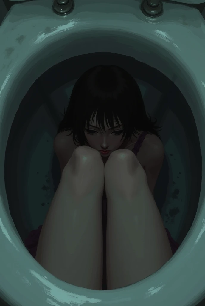 PoV,look down into a hole in the toilet,dark filthy space under the hole in the toilet,solo cute woman in the space,kneeling down,rikka takarada,yui kotegawa,marin kitagawa,big breast,huge tits,giant boob