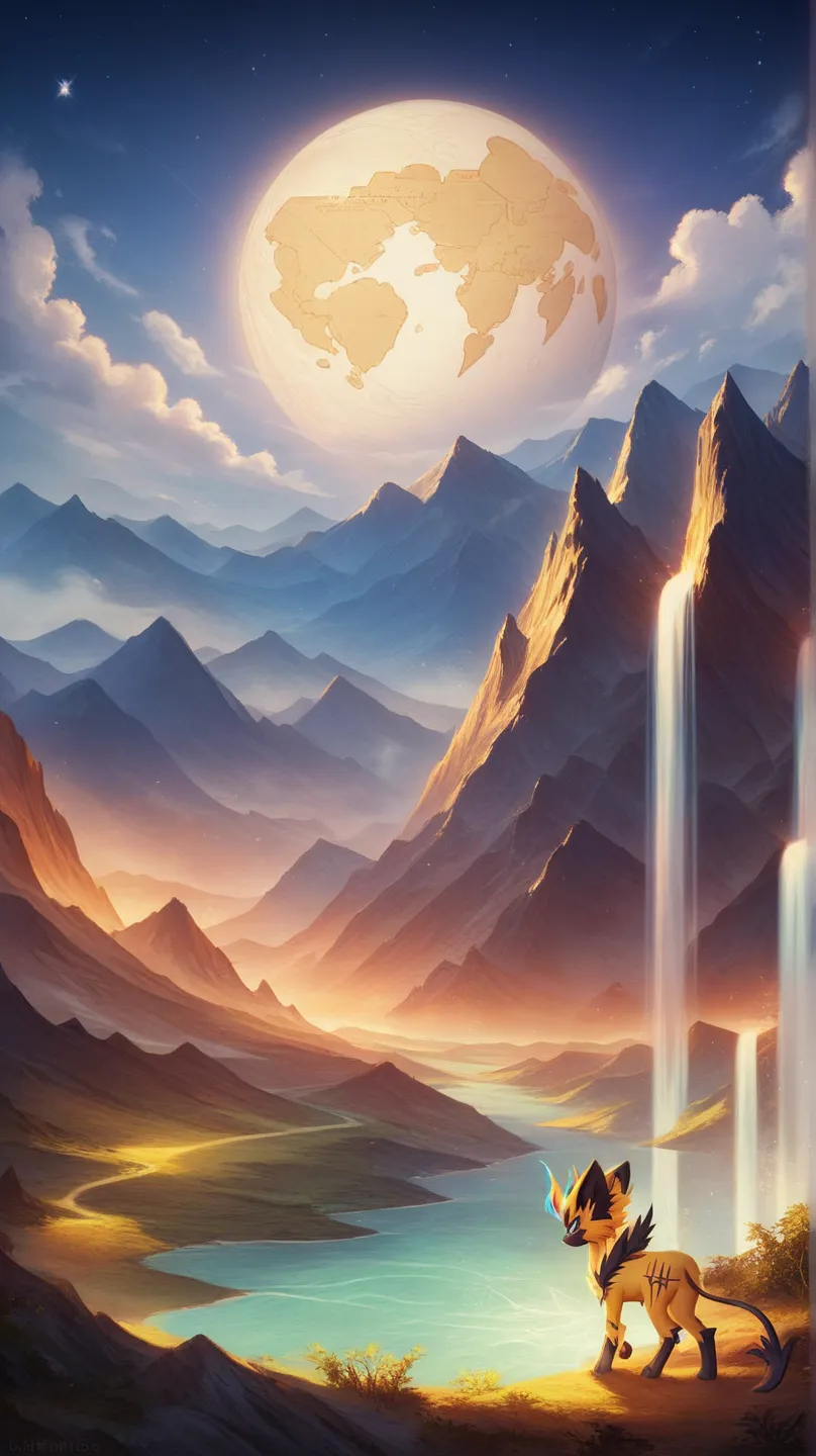  ceroora ,  Pokémon, full body surrounded by, rays The character must be looking at the sky., Mountainous landscape with the moon on top of a mountain,  original pokemon design, until, Alone, , 