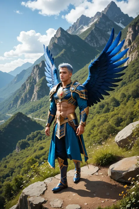  Masterpiece , top quality ,Full body cutie , 1 man, with dark skin, Huge wings full of feathers , green eyes, blue armor, Scenario from the fantasy Celestial City , Short white hair, In the background you are standing on a mountain profile from the front 